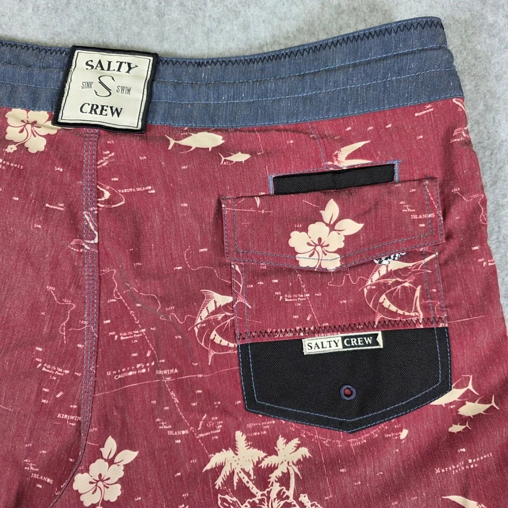 Salty Crew Seaboard Deck Shorts Men's‎ Size 32 Swim Trunks Maroon Floral Map